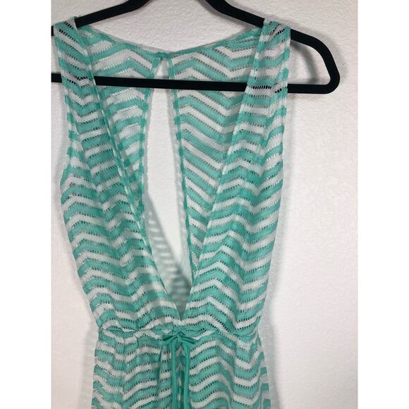 Luli Fama Aqua and White Chevron Deep V Open Back Romper - M - Picture 4 of 6